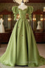 Green A-Line Long Evening Prom Dress Strawberry Lace, Lovely Short Sleeve Evening Dress