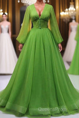 Green A Line Long Evening Prom Dress, V Neck Green Tulle Long Formal Evening Dress