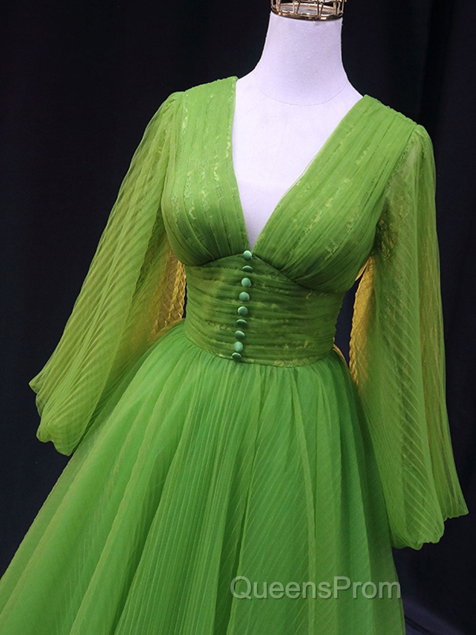 Green A Line Long Evening Prom Dress, V Neck Green Tulle Long Formal Evening Dress Secondary image