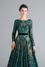 A-Line Luxury Sequins Long Sleeve Backless Prom Dresses