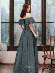 Green A Line Off Shoulder Long Evening Prom Dress, Green Bridesmaid Dress
