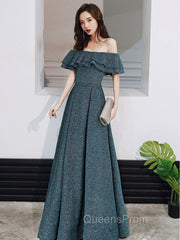 Green A Line Off Shoulder Long Evening Prom Dress, Green Bridesmaid Dress