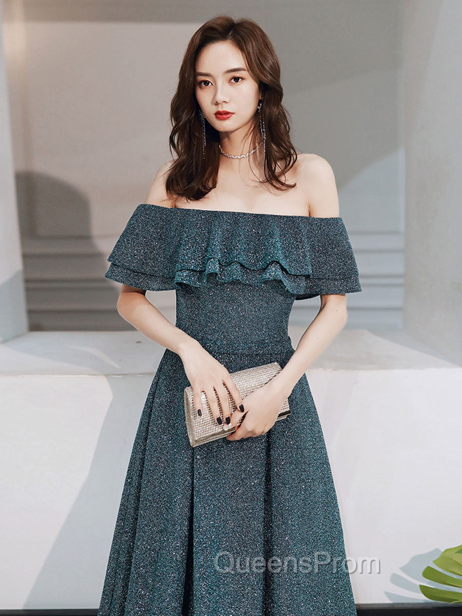 Green A Line Off Shoulder Long Evening Prom Dress, Green Bridesmaid Dress