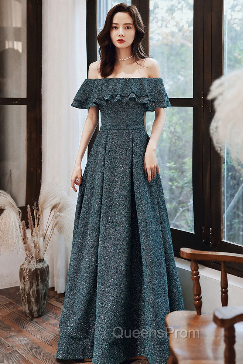 Green A Line Off Shoulder Long Evening Prom Dress, Green Bridesmaid Dress Main image