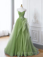 Green A-Line Off Shoulder Long Evening Prom Dress Lace Long Evening Dress