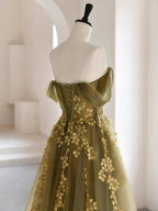 Olive Green A-Line Off Shoulder Tulle Lace Long Classy Prom Dress, Green Tulle Classy Dress