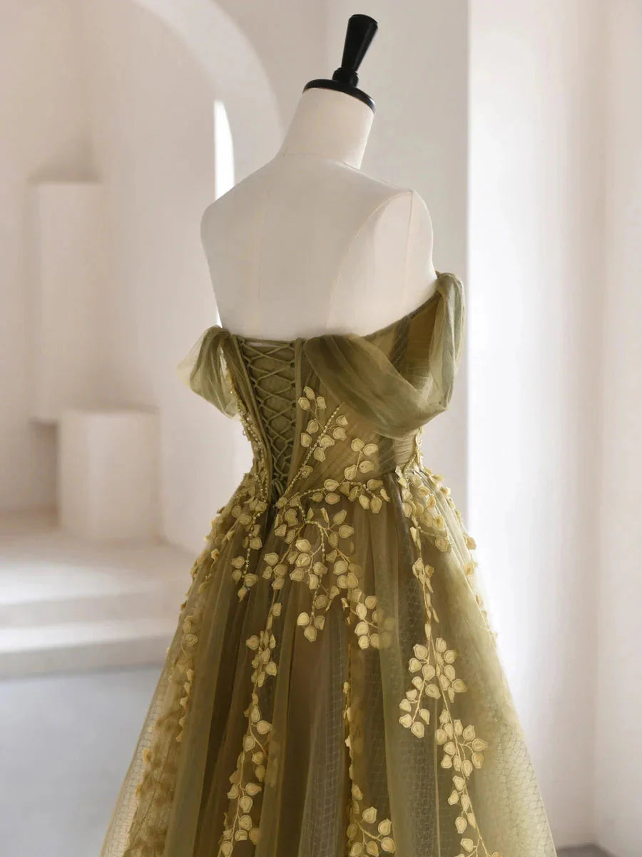 Olive Green A-Line Off Shoulder Tulle Lace Long Classy Prom Dress, Green Tulle Classy Dress