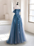 Olive Green A-Line Off Shoulder Tulle Lace Long Classy Prom Dress, Green Tulle Classy Dress