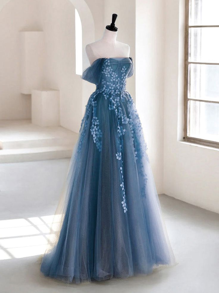 Olive Green A-Line Off Shoulder Tulle Lace Long Classy Prom Dress, Green Tulle Classy Dress