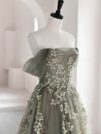 Olive Green A-Line Off Shoulder Tulle Lace Long Classy Prom Dress, Green Tulle Classy Dress