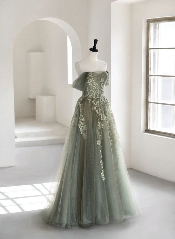 Olive Green A-Line Off Shoulder Tulle Lace Long Classy Prom Dress, Green Tulle Classy Dress