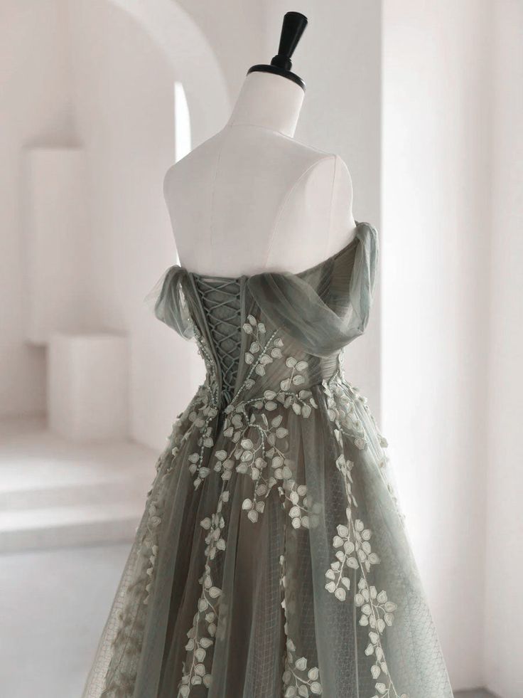 Olive Green A-Line Off Shoulder Tulle Lace Long Classy Prom Dress, Green Tulle Classy Dress