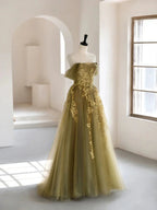 Olive Green A-Line Off Shoulder Tulle Lace Long Classy Prom Dress, Green Tulle Classy Dress