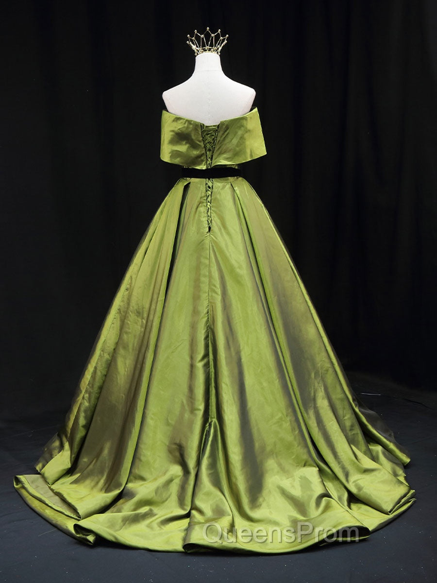 Green A line Satin Long Evening Prom Dress, Green Satin Evening Dress
