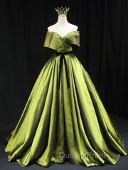 Green A line Satin Long Evening Prom Dress, Green Satin Evening Dress
