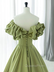 Green A-Line Satin Long Evening Prom Dress, Green Evening Dress