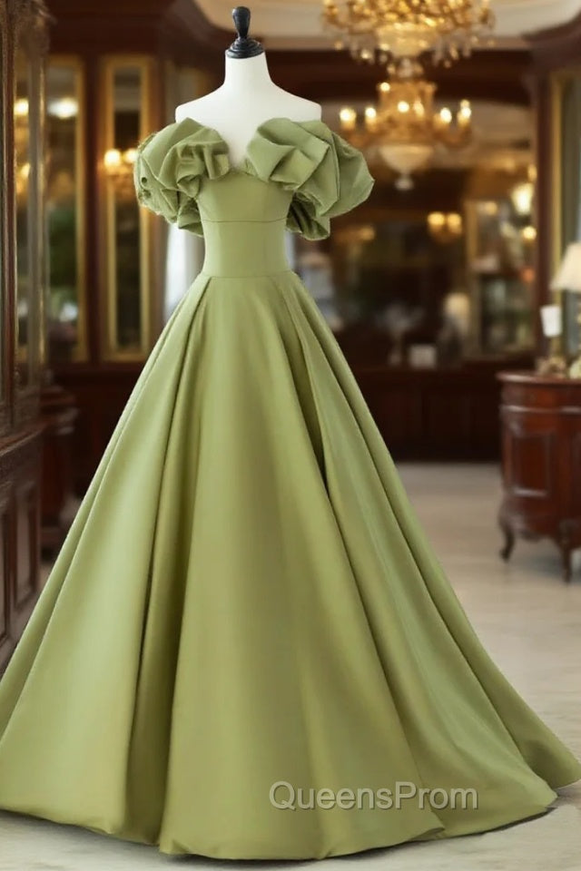 Green A-Line Satin Long Evening Prom Dress, Green Evening Dress