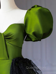 Green A-Line Satin Sweetheart Short Sleeves Party Dress, Green Long Evening Prom Dress