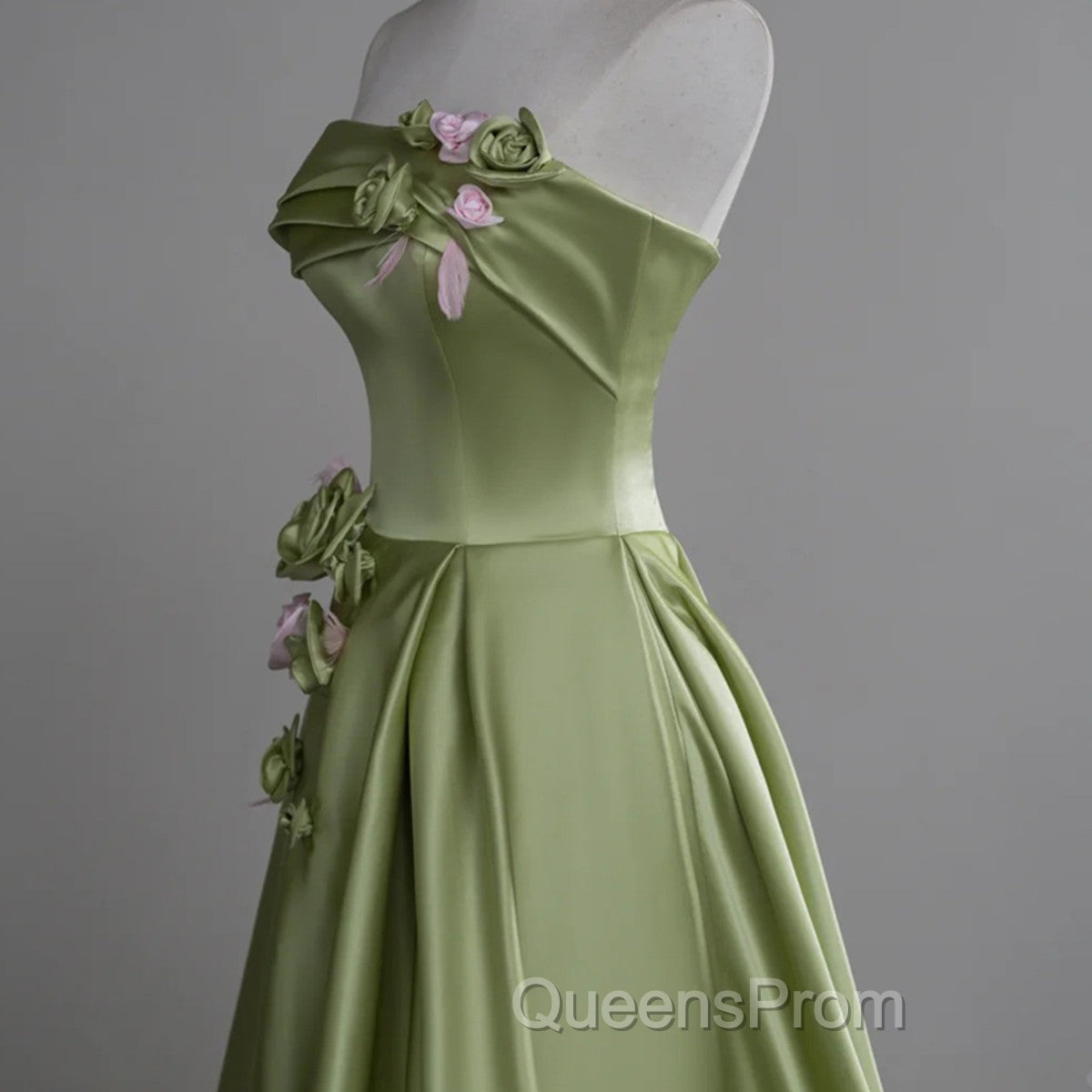 Green A-line Satin with Flowers Long Evening Dress, Green Satin Evening Prom Dress Secondary image