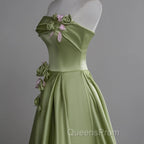 Green A-line Satin with Flowers Long Evening Dress, Green Satin Evening Prom Dress
