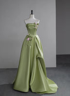Green A-Line Satin With Flowers Long Classy Evening Dress, Green Satin Classy Prom Dress