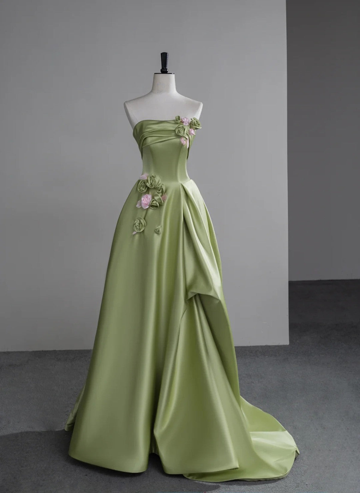 Green A-Line Satin With Flowers Long Classy Evening Dress, Green Satin Classy Prom Dress