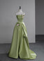 Green A-Line Satin With Flowers Long Classy Evening Dress, Green Satin Classy Prom Dress