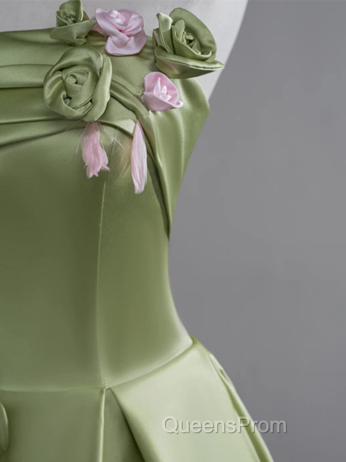 Green A-line Satin with Flowers Long Evening Dress, Green Satin Evening Prom Dress