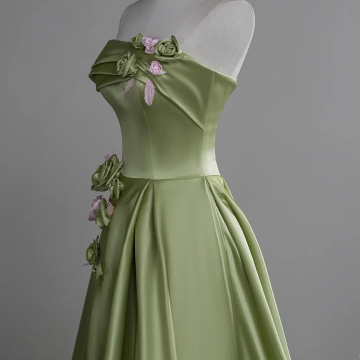 Green A-Line Satin With Flowers Long Classy Evening Dress, Green Satin Classy Prom Dress Secondary image