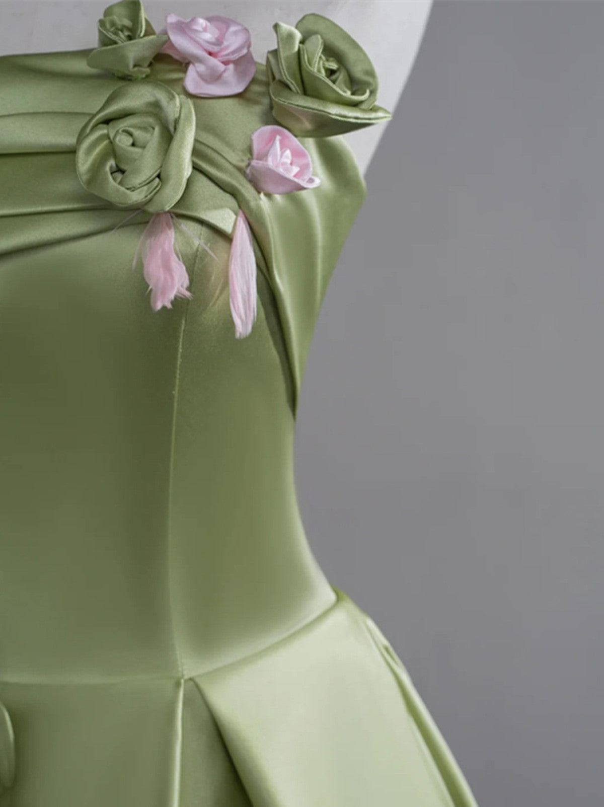 Green A-Line Satin With Flowers Long Classy Evening Dress, Green Satin Classy Prom Dress