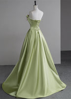 Green A-Line Satin With Flowers Long Classy Evening Dress, Green Satin Classy Prom Dress