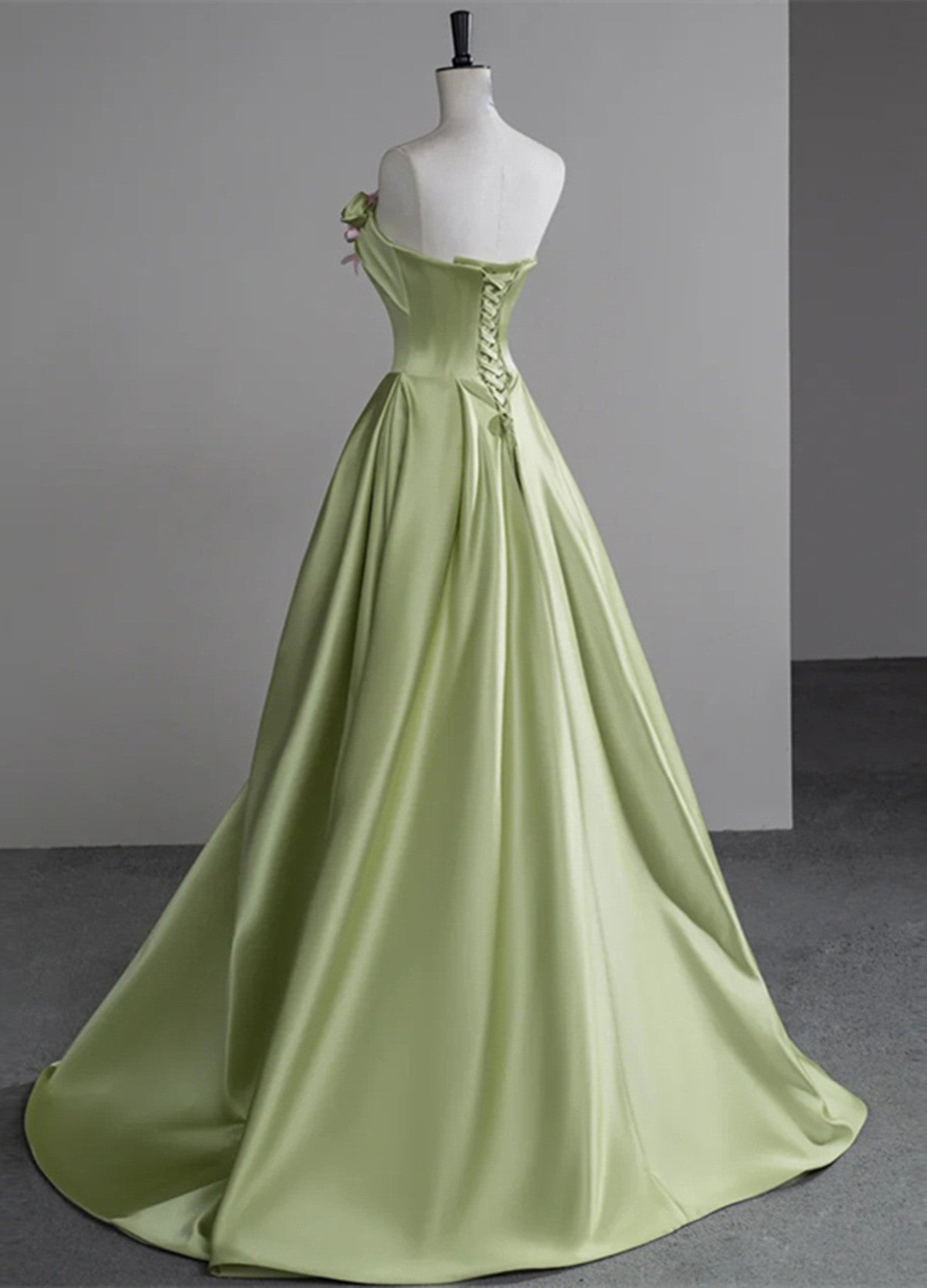 Green A-Line Satin With Flowers Long Classy Evening Dress, Green Satin Classy Prom Dress