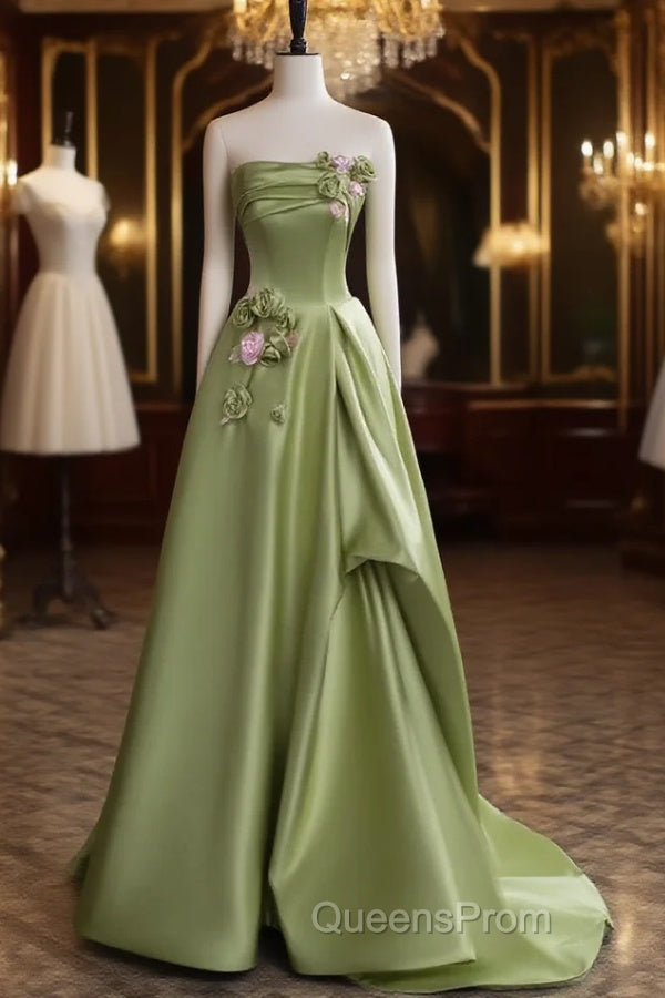 Green A-line Satin with Flowers Long Evening Dress, Green Satin Evening Prom Dress Main image