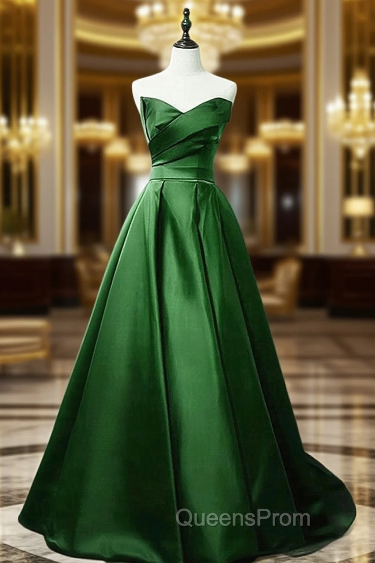 Green A-line Simple Satin Long Party Dress, Green Satin Evening Prom Dress Main image