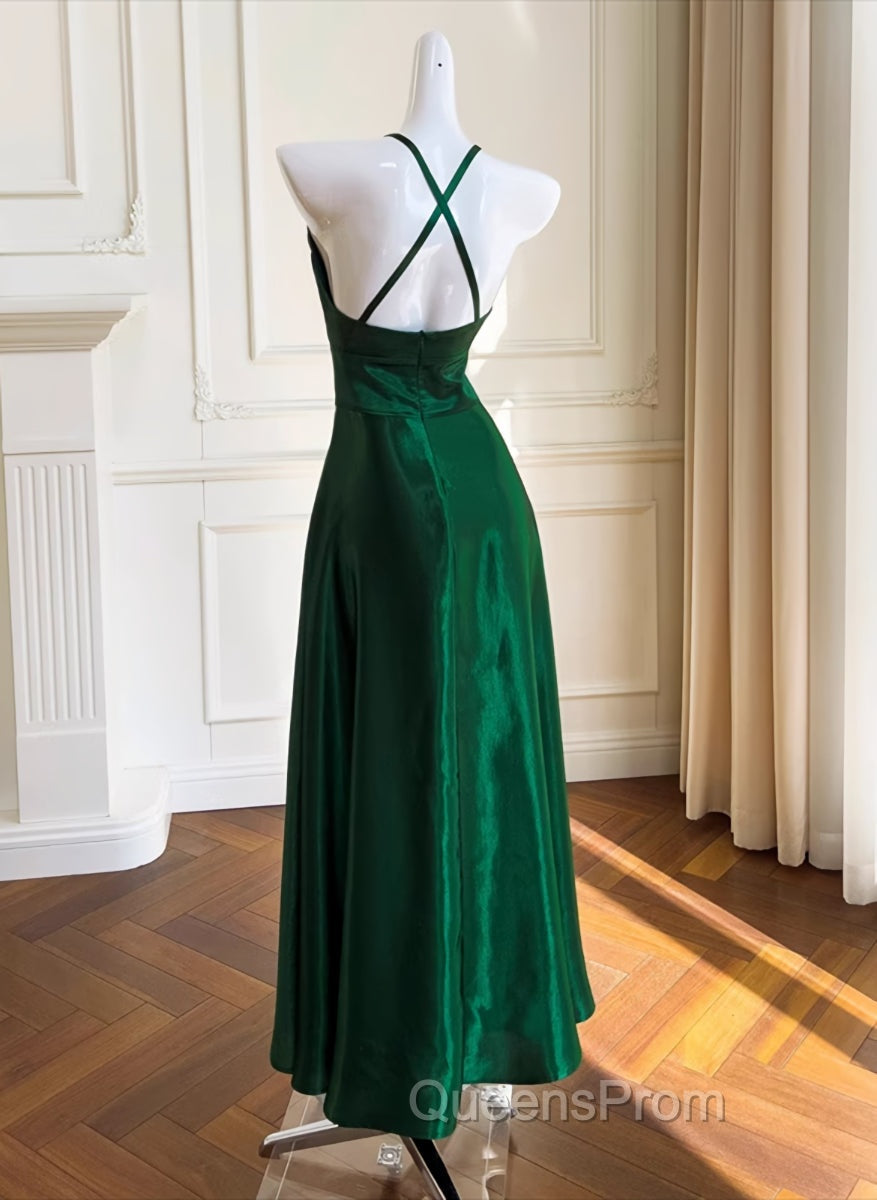Green A-line Soft Satin Cross Back Evening Dress, Green Evening Prom Dress Party Dress Secondary image