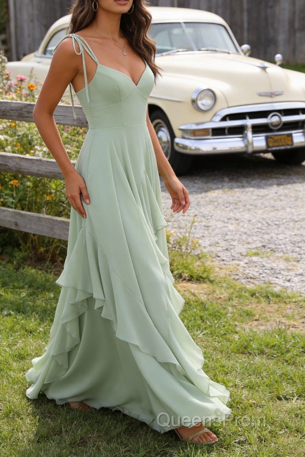 Green A-Line Spaghetti Straps Chiffon Bridesmaid Dress with Ruffles