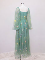 Green A-Line Sweetheart Green Tulle Lace Long Evening Prom Dress, Green Formal Dress
