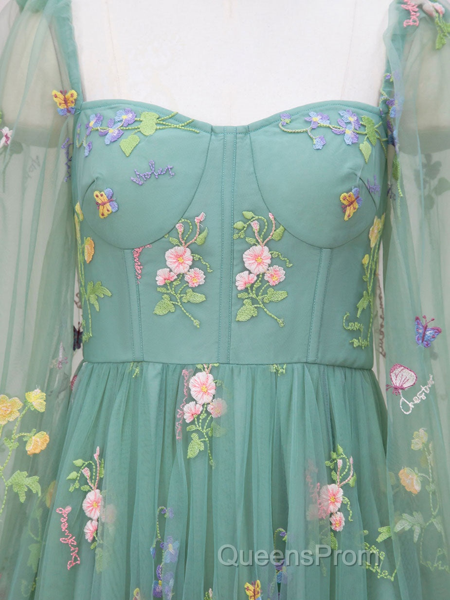 Green A-Line Sweetheart Green Tulle Lace Long Evening Prom Dress, Green Formal Dress