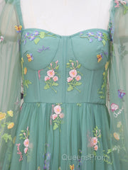 Green A-Line Sweetheart Green Tulle Lace Long Evening Prom Dress, Green Formal Dress