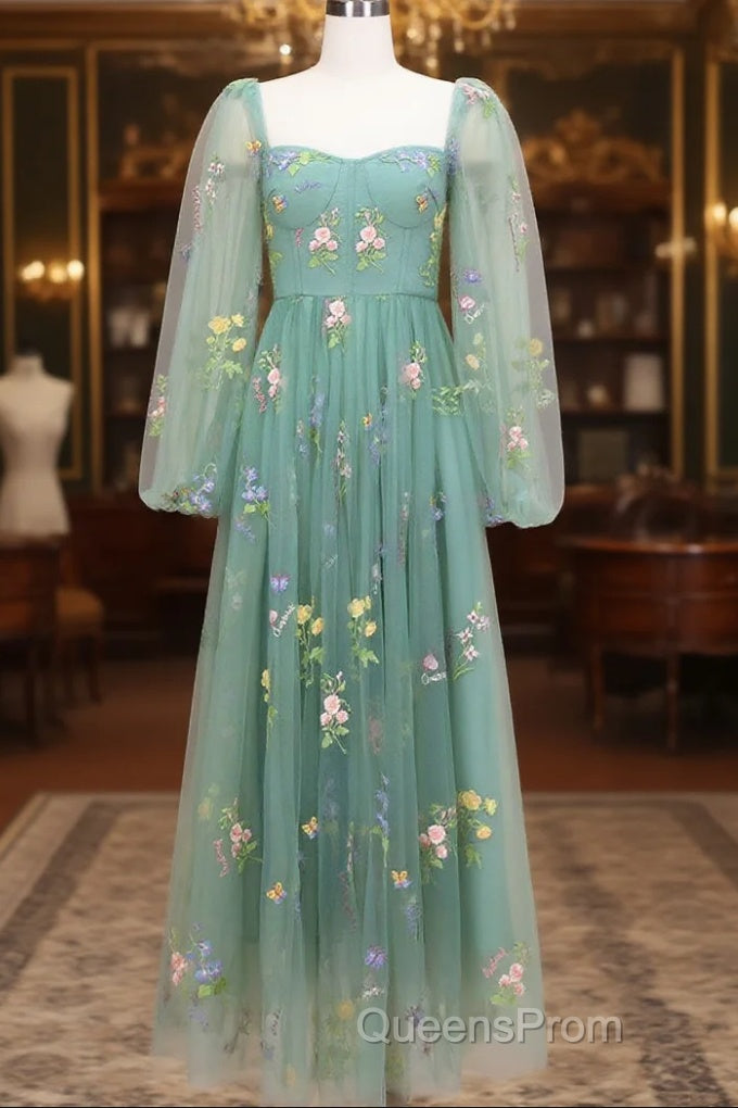 Green A-Line Sweetheart Green Tulle Lace Long Evening Prom Dress, Green Formal Dress Main image