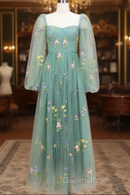 Green A-Line Sweetheart Green Tulle Lace Long Evening Prom Dress, Green Formal Dress