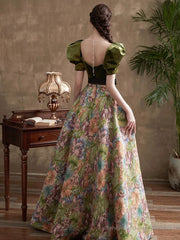 Green A-line Sweetheart Long Prom Dress Evening Dress, Green Floral Party Dress