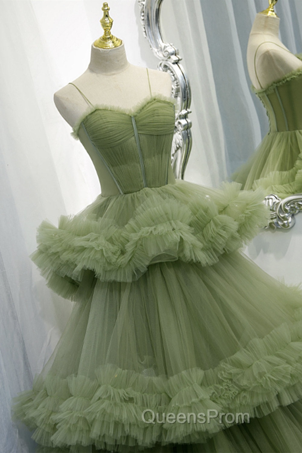 Green A-line Sweetheat Pleated Tulle Evening Prom Dress Secondary image
