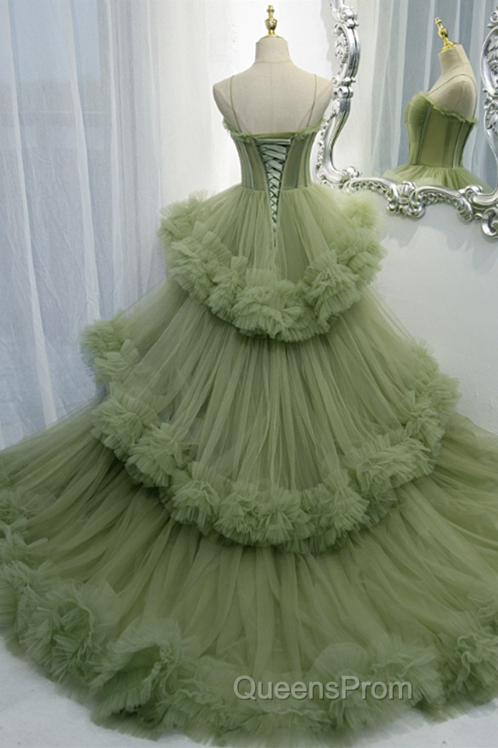 Green A-line Sweetheat Pleated Tulle Evening Prom Dress