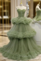Green A-line Sweetheat Pleated Tulle Evening Prom Dress