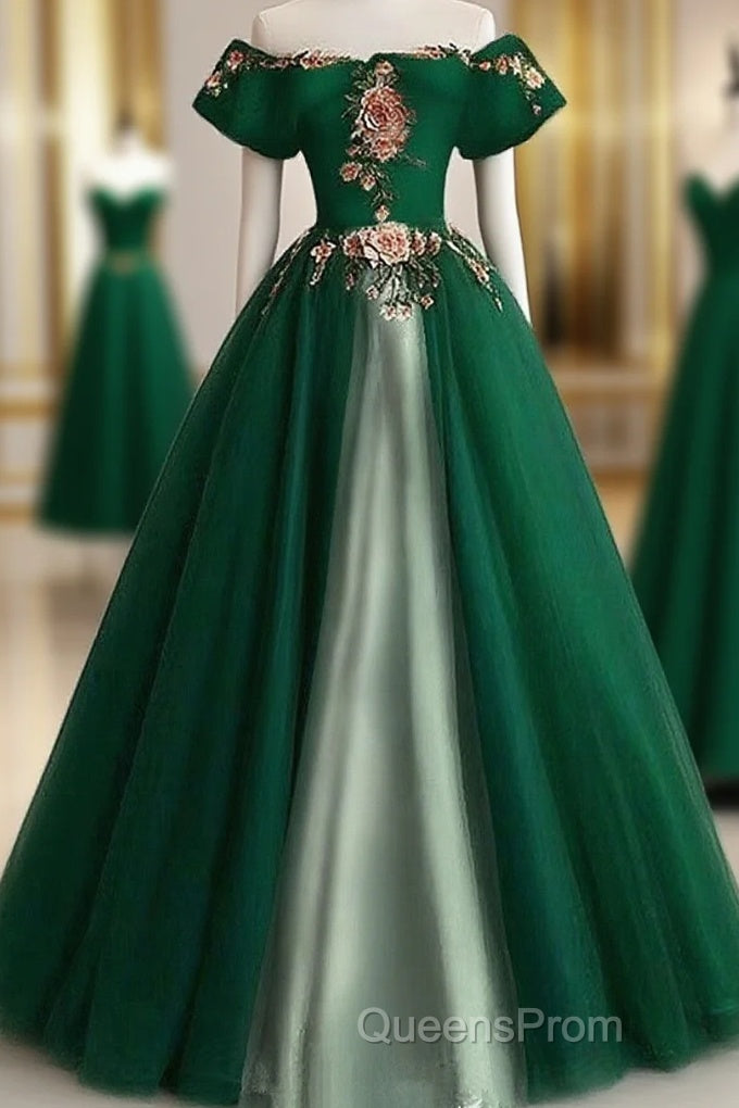 Green A-Line Tulle And Satin Long Formal Dress, Green Party Dress Evening Prom Dress Main image