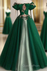 Green A-Line Tulle And Satin Long Formal Dress, Green Party Dress Evening Prom Dress