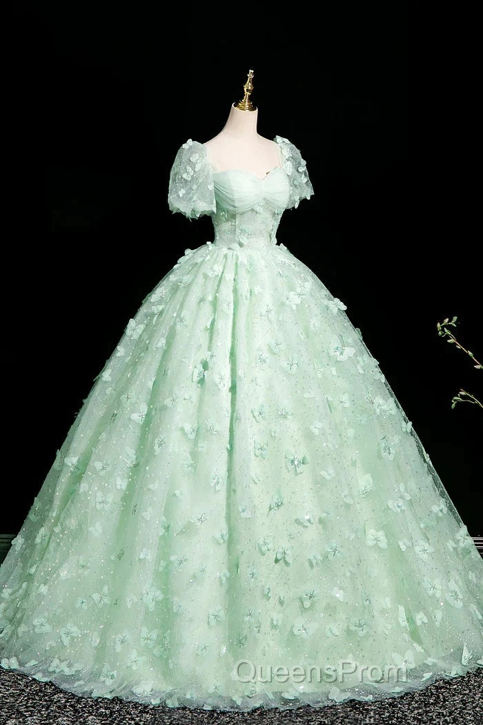 Green A-Line Tulle Beaded Sequin Long Evening Prom Dress, Beautiful 3D Butterfly Evening Dress Secondary image