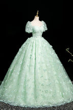 Green A-Line Tulle Beaded Sequin Long Evening Prom Dress, Beautiful 3D Butterfly Evening Dress