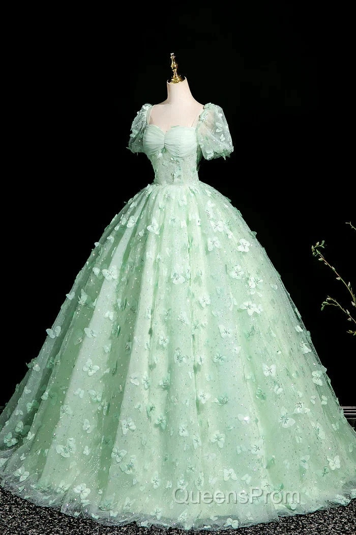 Green A-Line Tulle Beaded Sequin Long Evening Prom Dress, Beautiful 3D Butterfly Evening Dress